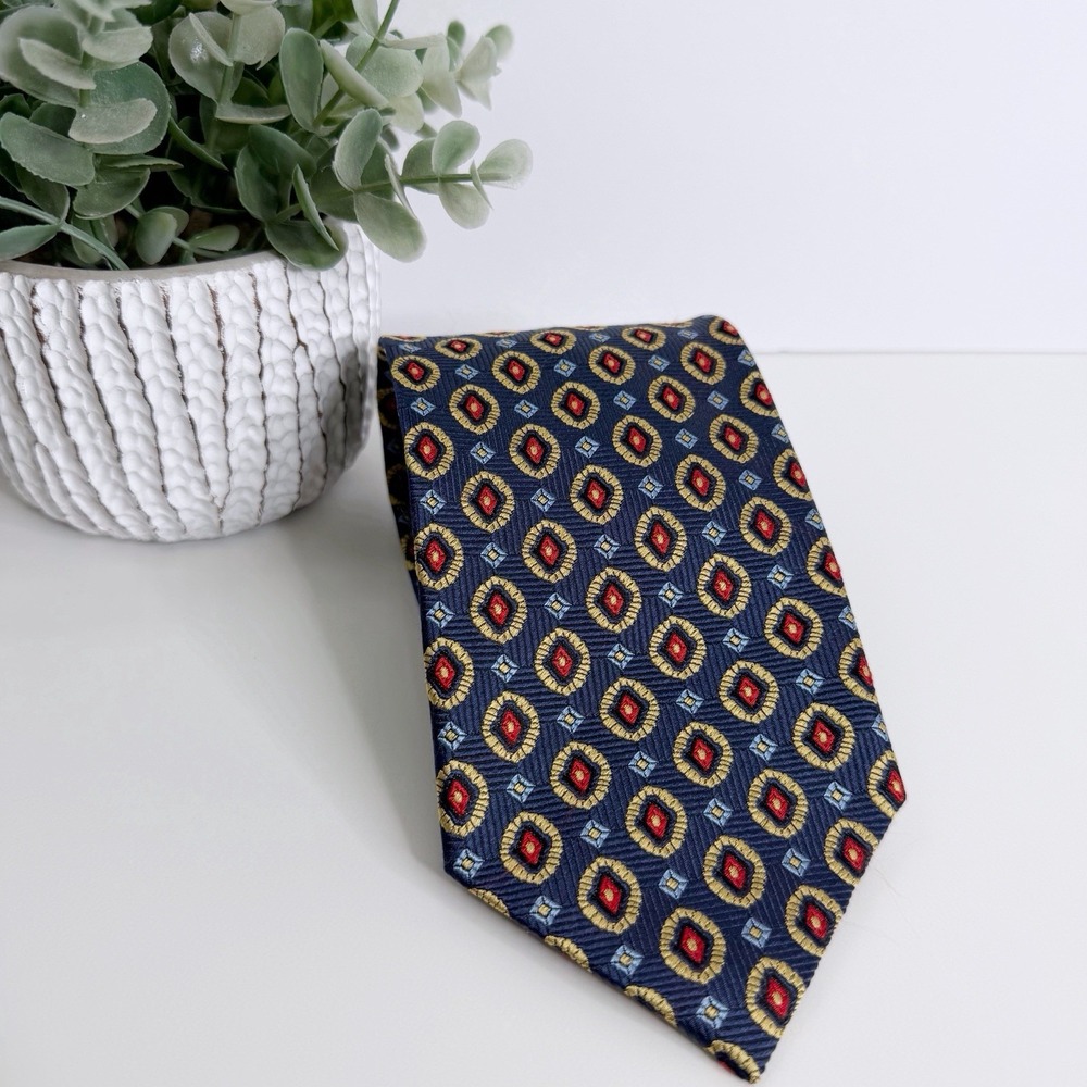 NWOT Jos. A. Bank Silk Necktie Navy Gold Red Jacquard Print 3 5/8" X 59" Preppy‎